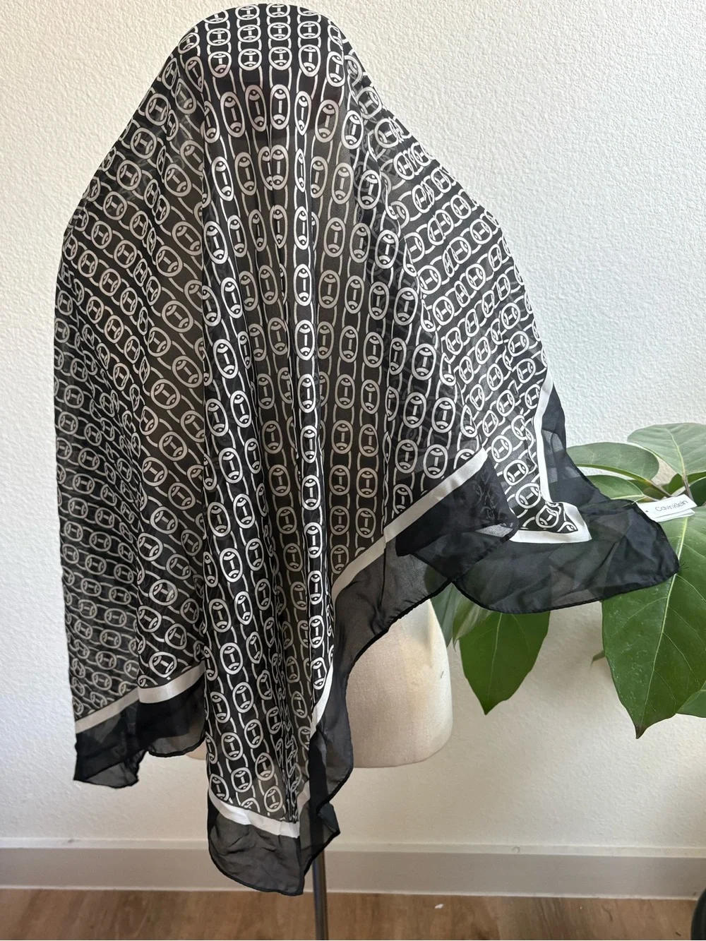 Calvin Klein Black and White Patterned Silk Scarf
